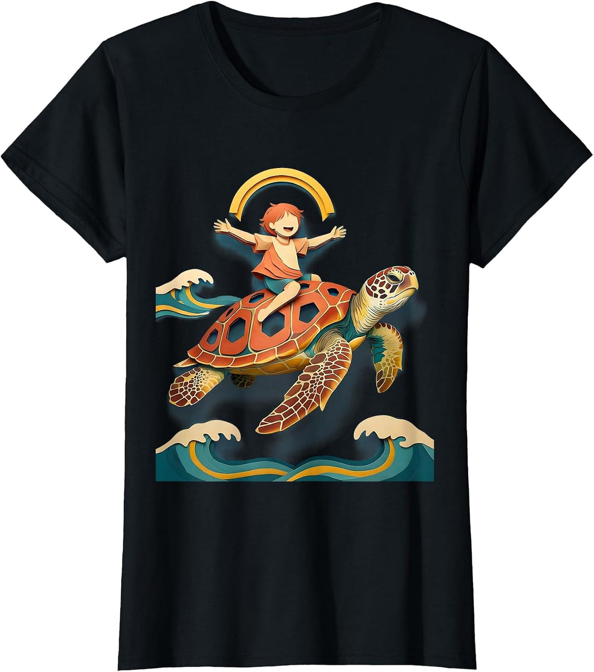 Kids Freedom Sea Turtle Rider Graphic Tee T-Shirt - Black