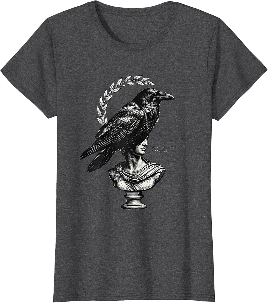 Women's Perched Upon A Bust Of Pallas Gothic Literary Raven Edgar T-Shirt - Dark Heather Grey
