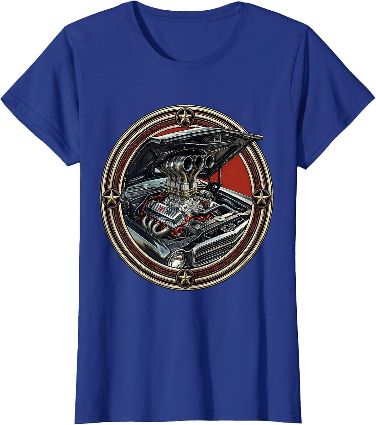 Women's Vintage Hot Rod Engine Bursting Through Hood T-Shirt - Royal Blue