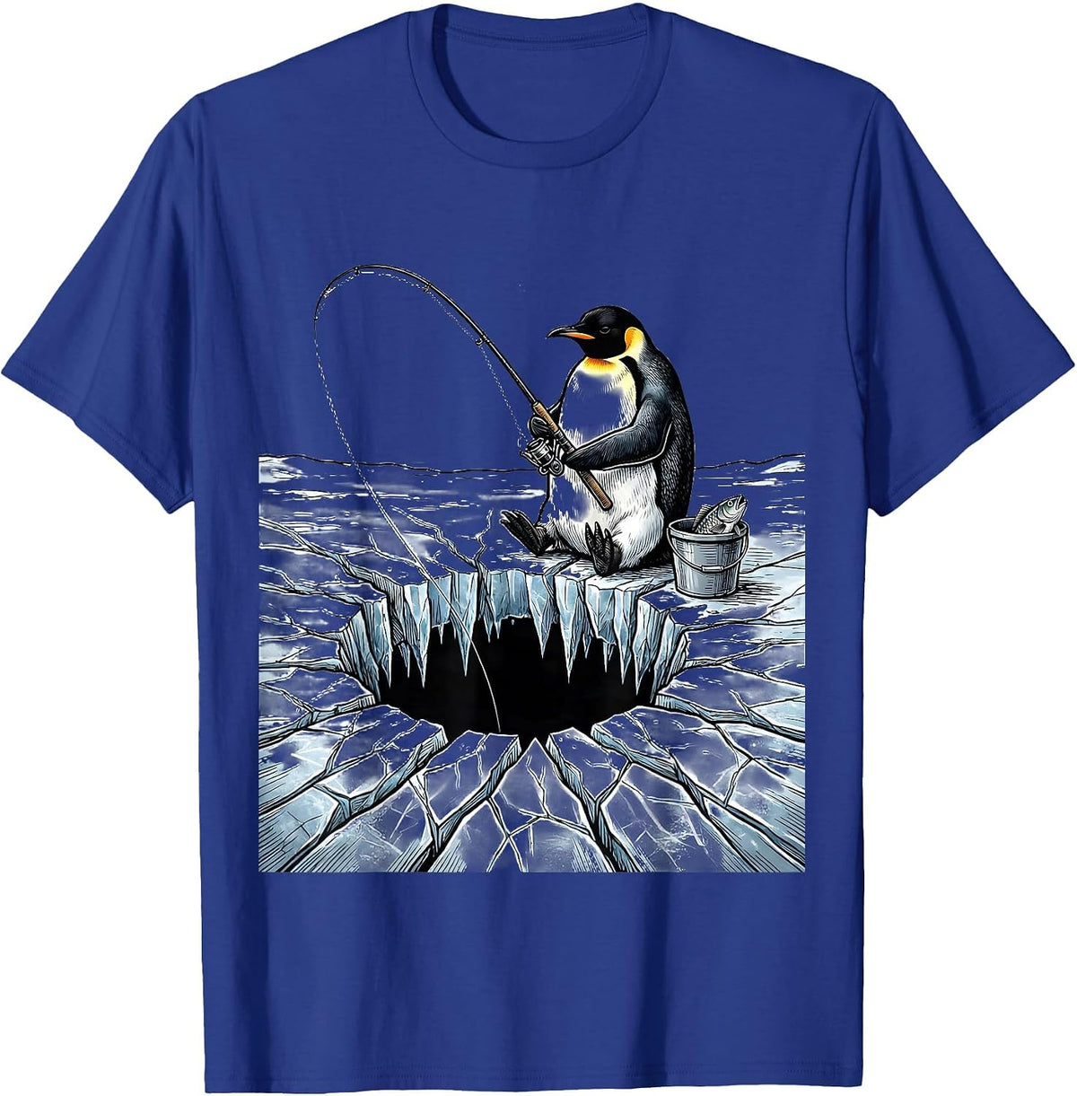Penguin Ice Fishing Illustration Graphic T-Shirt - Royal Blue
