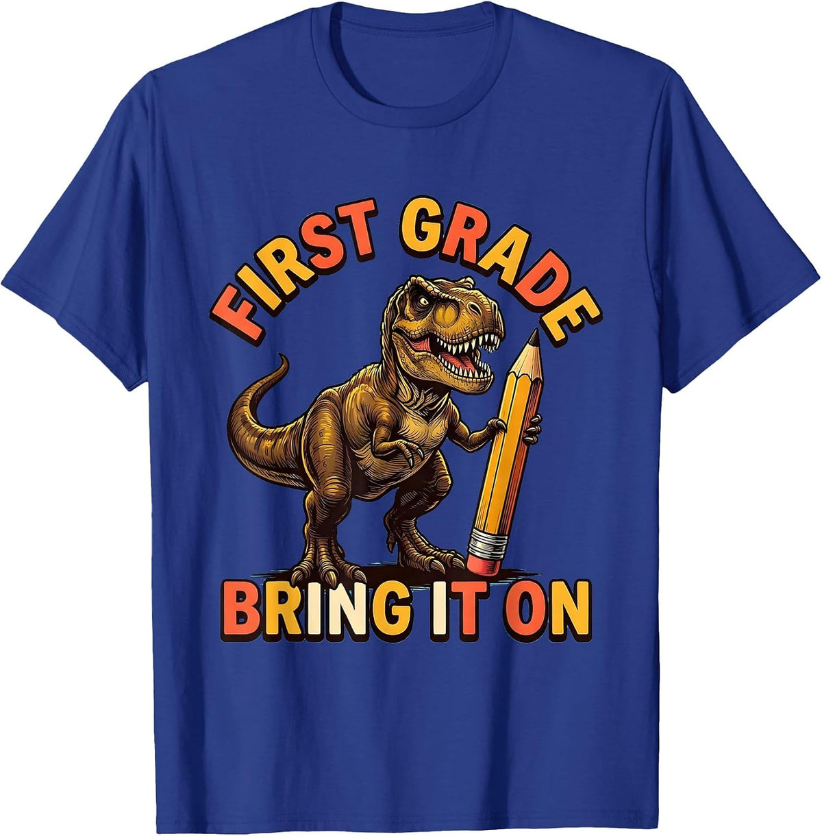 First Grade Bring It On Stomping T-Rex Dinosaur Boy Back T-Shirt - Royal Blue