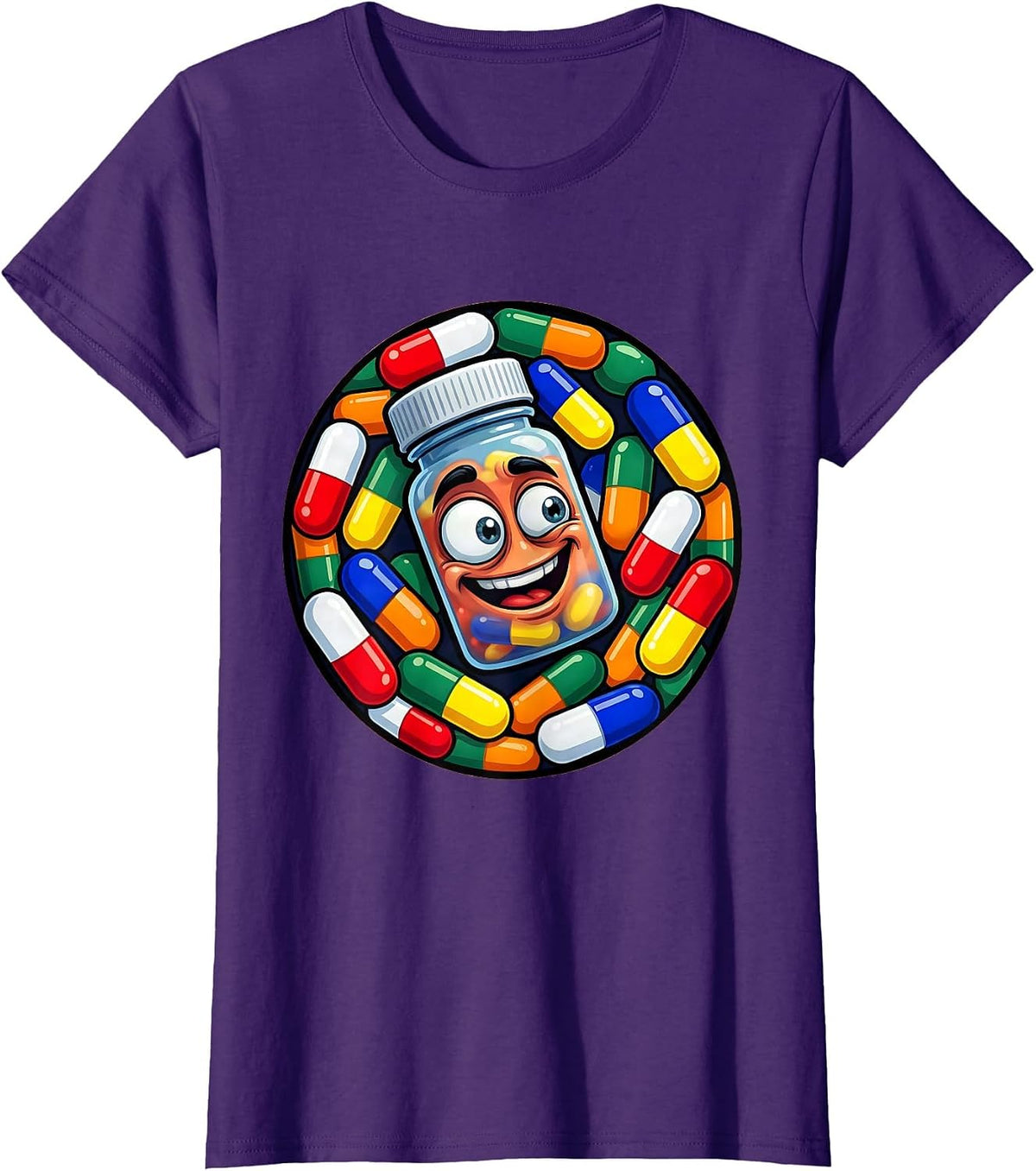 Women's School Nurse Pill Bottle Spilling Capsules Graphic T-Shirt - Purple