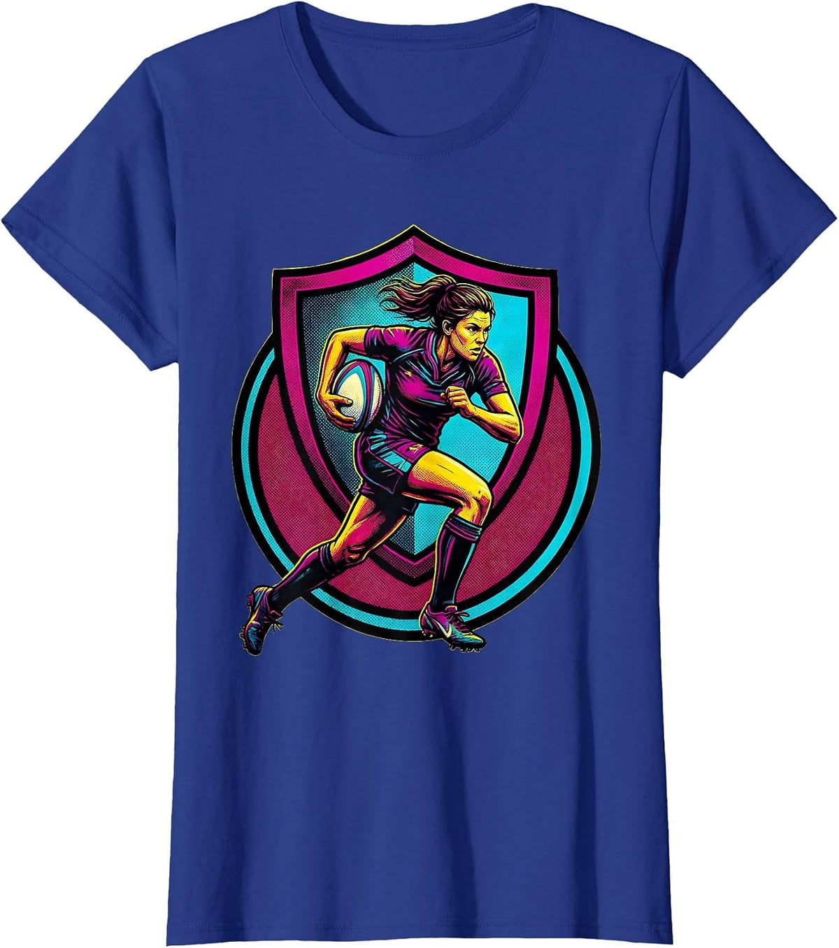 Women's Rugby Player Charging With Ball Graphic T-Shirt - Royal Blue
