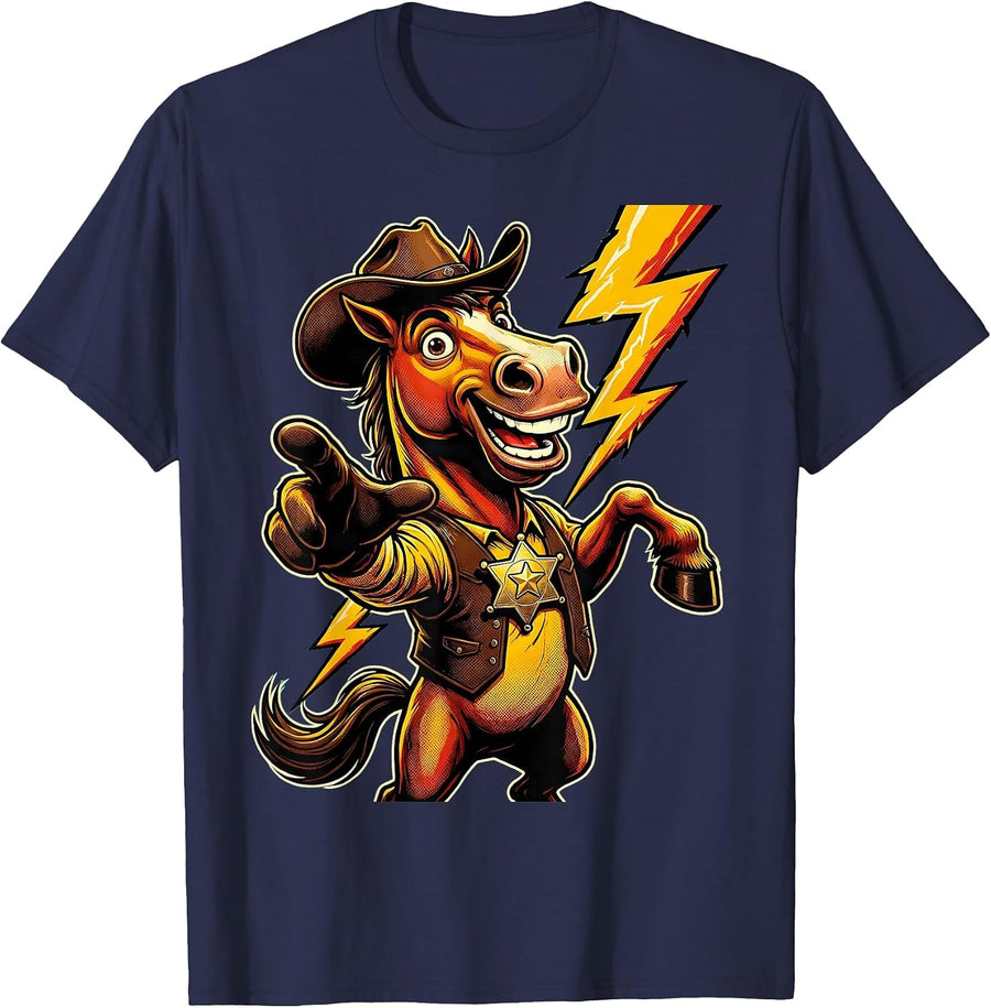 Rearing Horse Lightning Strike Cowboy Design T-Shirt - Navy Blue