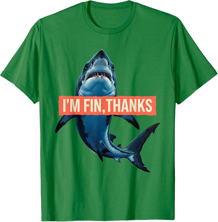 Men's I'm Fin Thanks Playful Shark Lover Ocean Wildlife Humor T-Shirt - Kelly Green