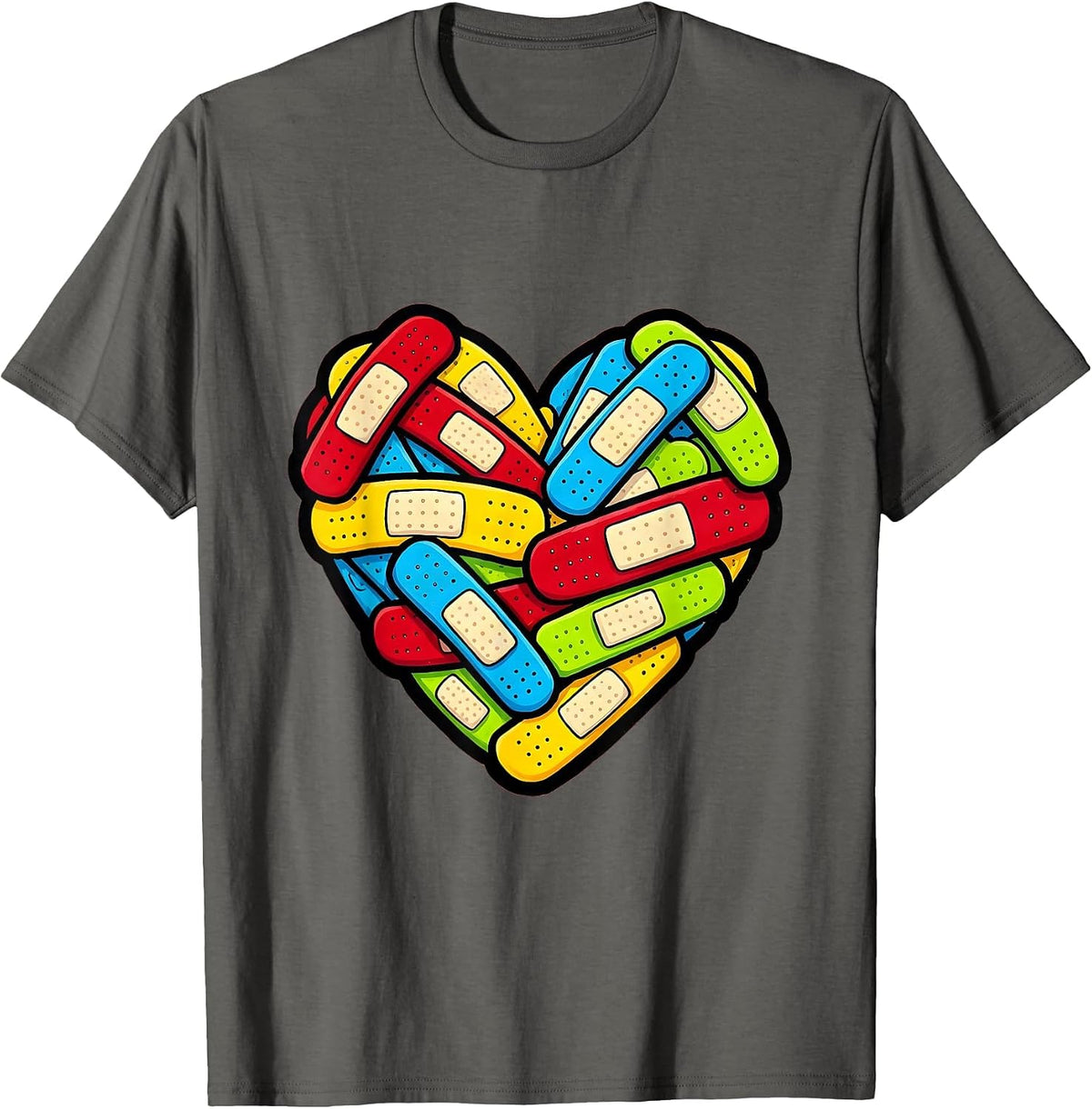 Boo Boo Crew Nurse Colorful Bandaid Heart T-Shirt - Asphalt Grey