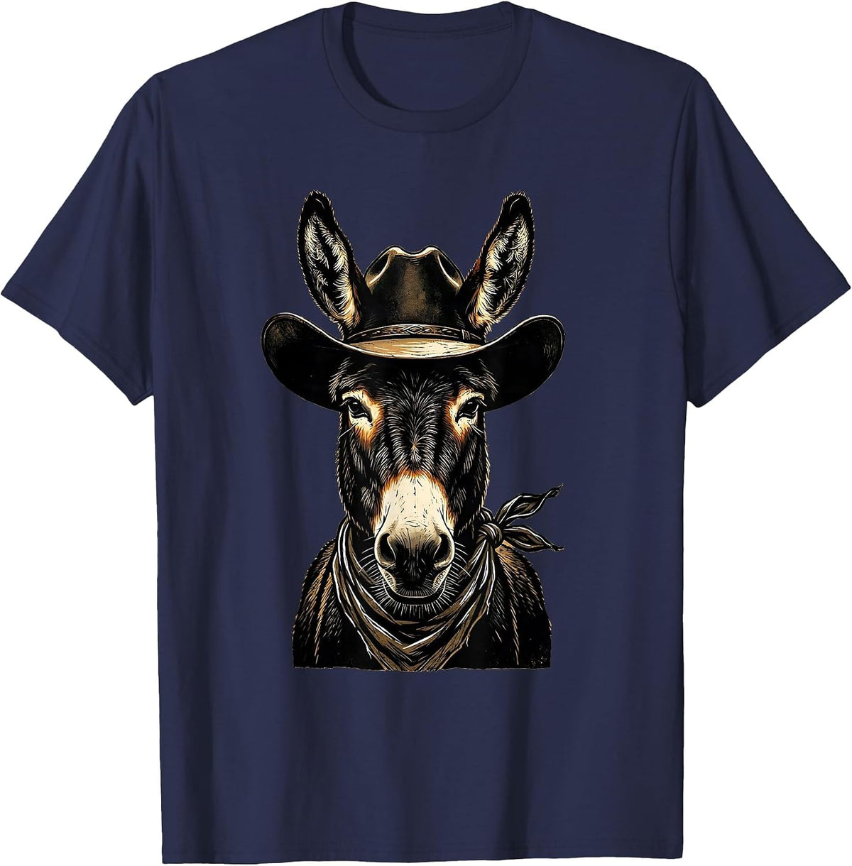 Cowboy Donkey in Hat and Bandana Illustration T-Shirt - Navy Blue