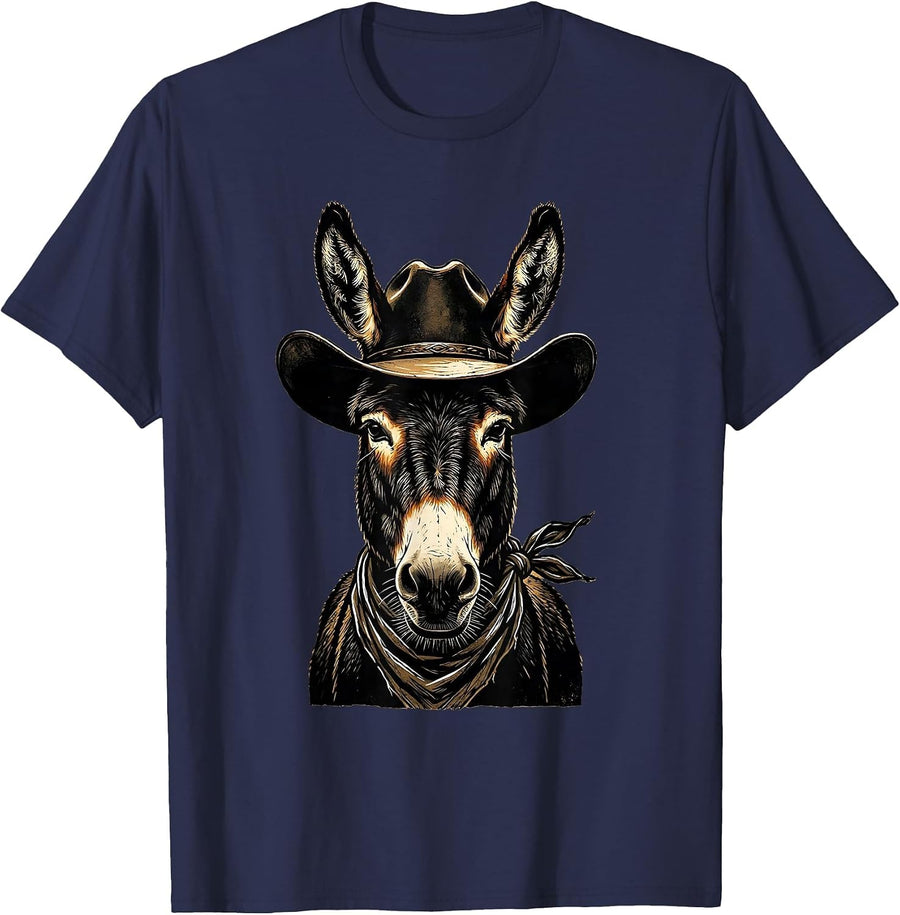 Cowboy Donkey in Hat and Bandana Illustration T-Shirt - Navy Blue