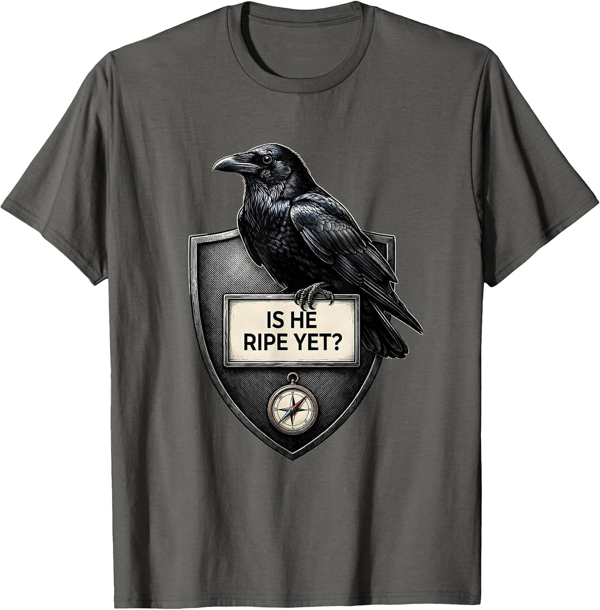 Men's Is He Ripe Yet Dark Humor Gothic Crow Raven Animal Humor T-Shirt - Asphalt Grey