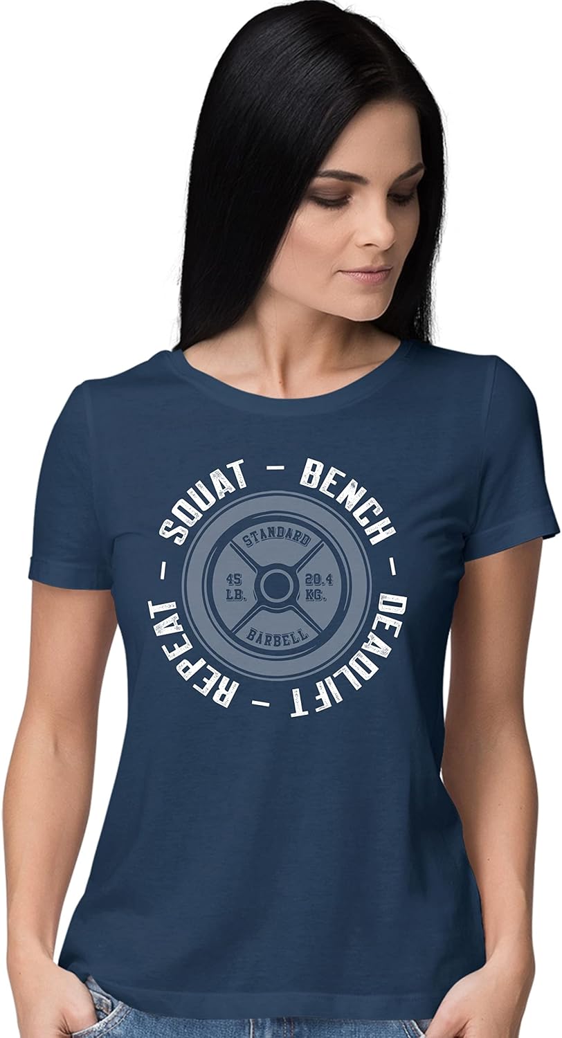 Go All Out Squat Bench Deadlift Repeat Funny Gym Workout Women T-Shirt - Navy Blue