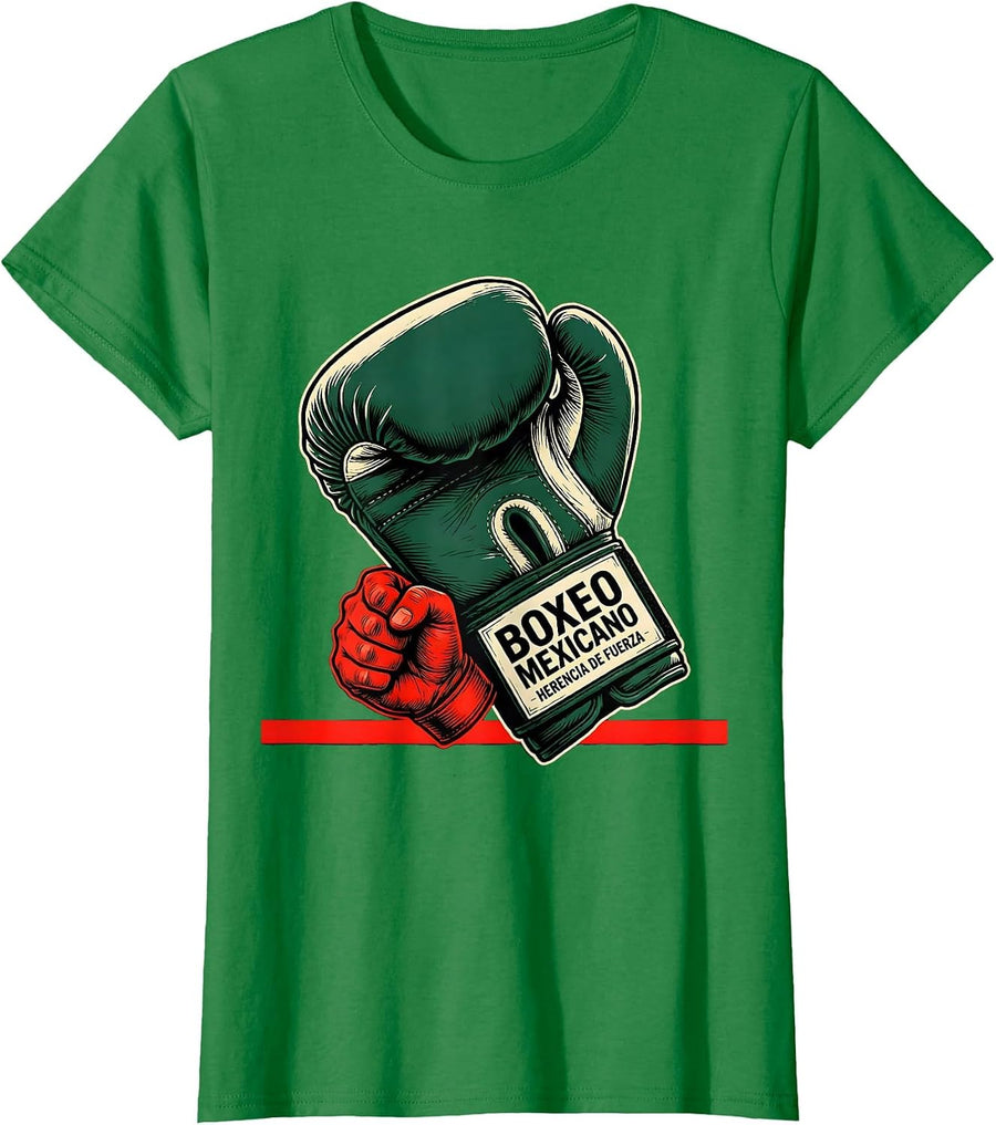 Women's Boxeo Mexicano Herencia de Fuerza Vintage Linocut Boxing T-Shirt - Kelly Green
