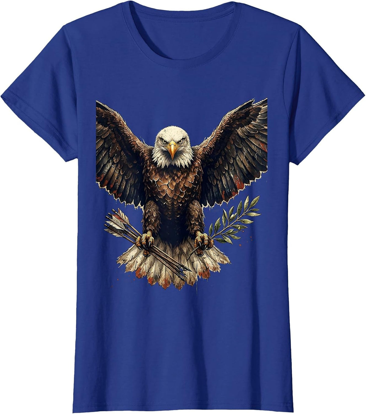 Women's Bald Eagle Arrows and Olive Branch Patriotic T-Shirt - Royal Blue