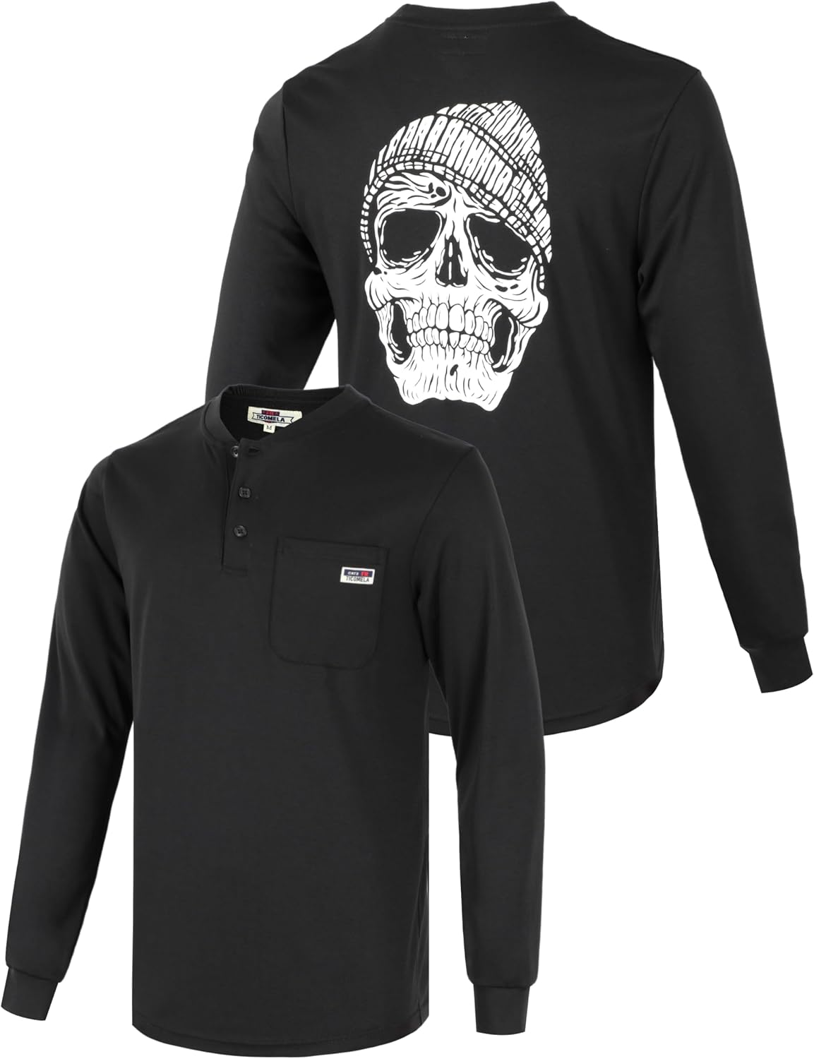 TICOMELA FR T Shirt Flame Resistant Shirt 5.5oz 100% Cotton Light Weight Workwear Men's Long Sleeve Henley Shirts - Black
