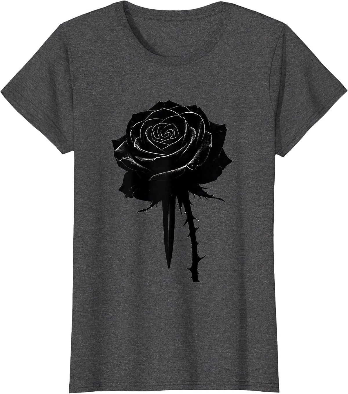 Women's Black Rose and Dagger Goth Dark Art Design T-Shirt - Dark Heather Grey