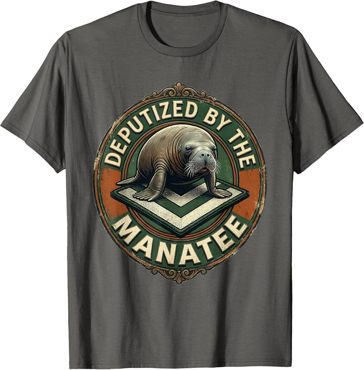 Deputized By The Manatee Vintage Manatee Lover Humor T-Shirt - Asphalt Grey