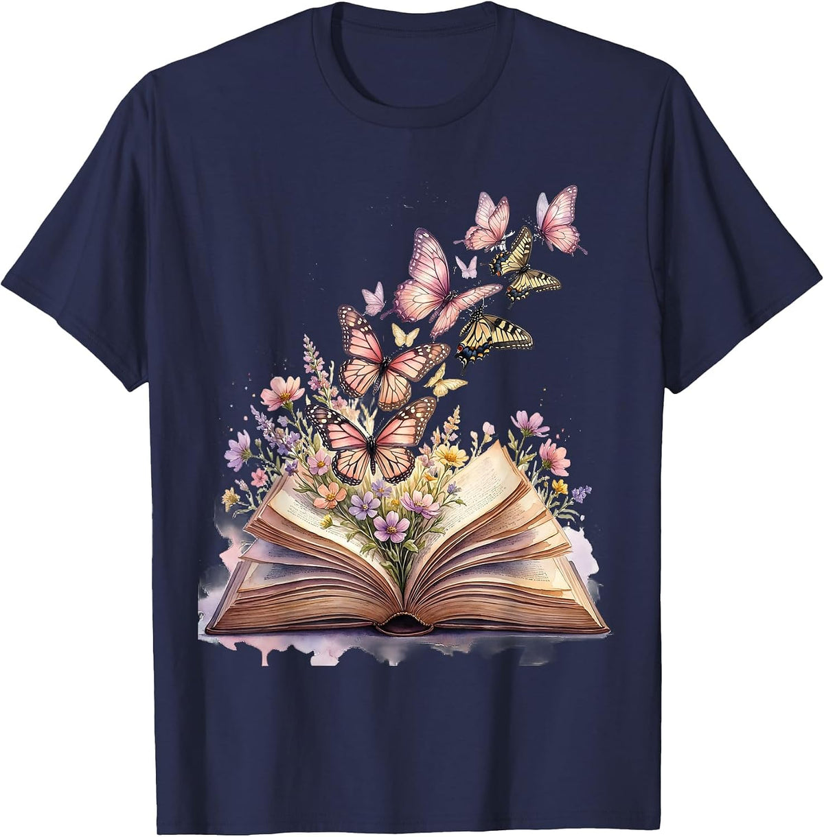 Elementary Teacher Open Book Butterflies Design T-Shirt - Navy Blue