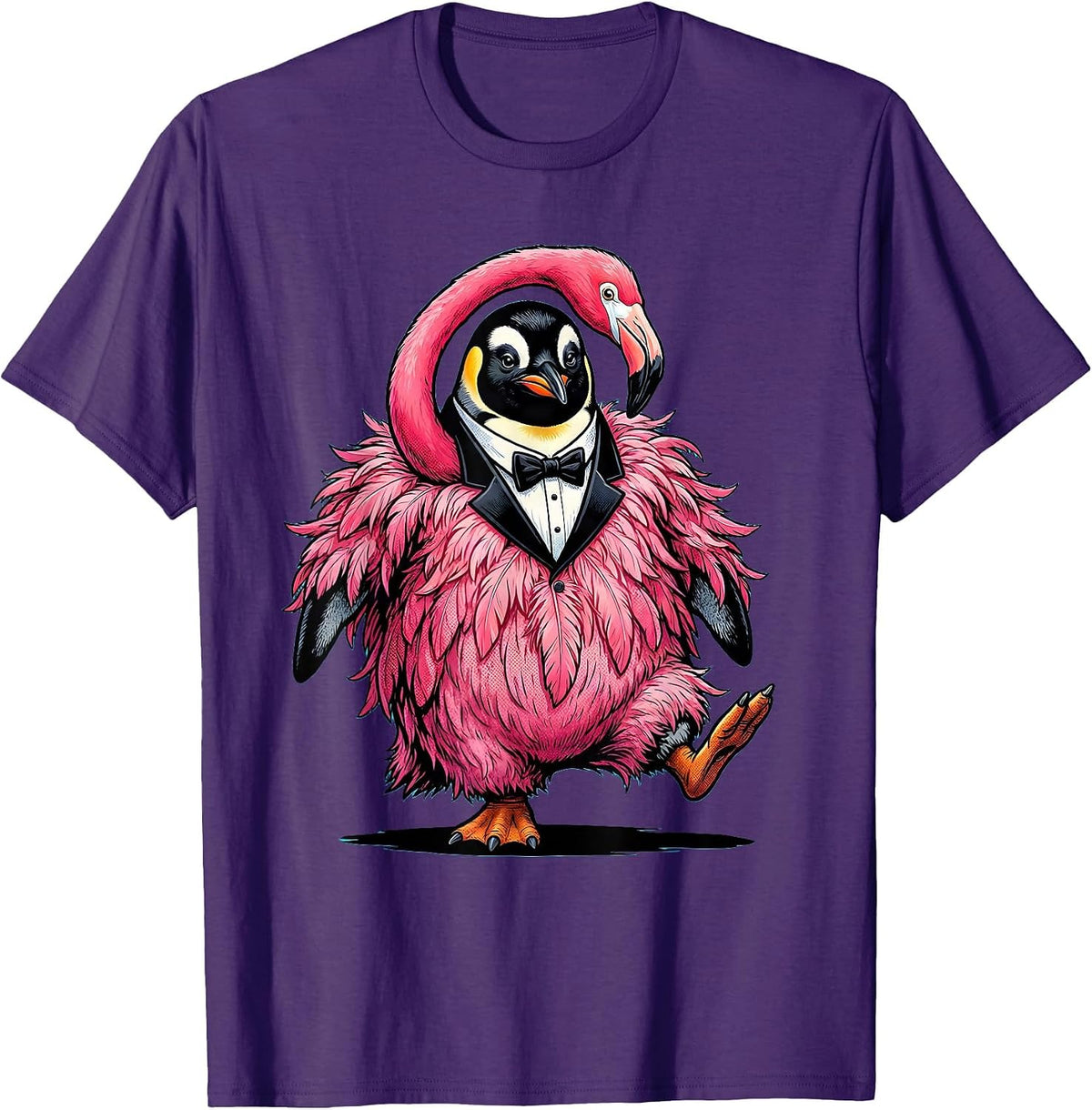 Men's Funny Penguin in Flamingo Costume Graphic T-Shirt - Purple