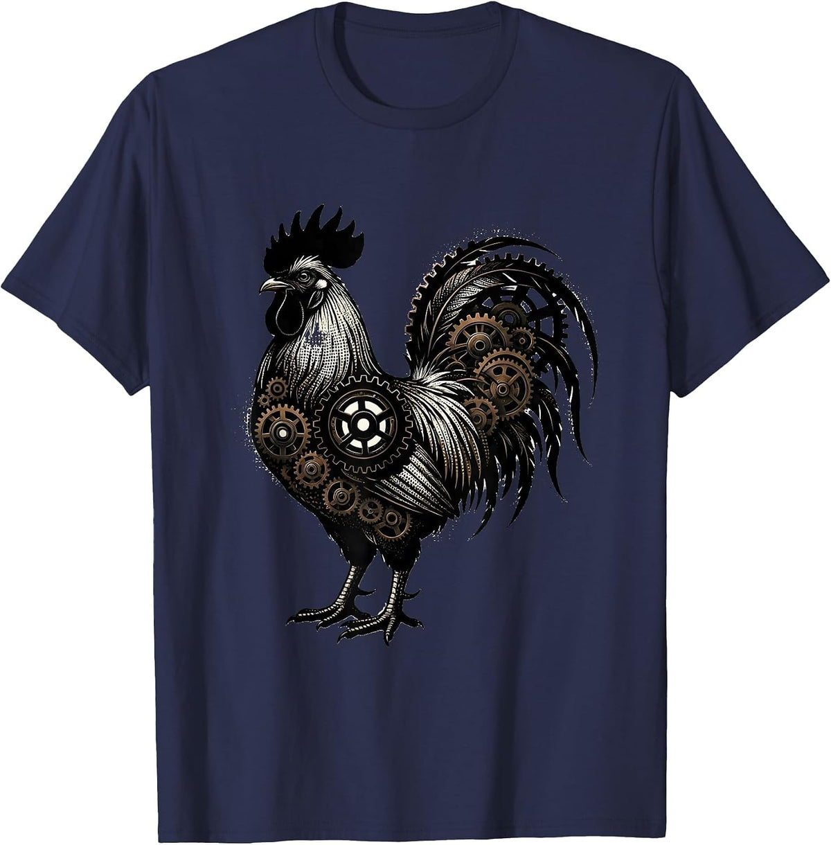 Men's Rooster Gear Illustration Mechanical Art Design T-Shirt - Navy Blue