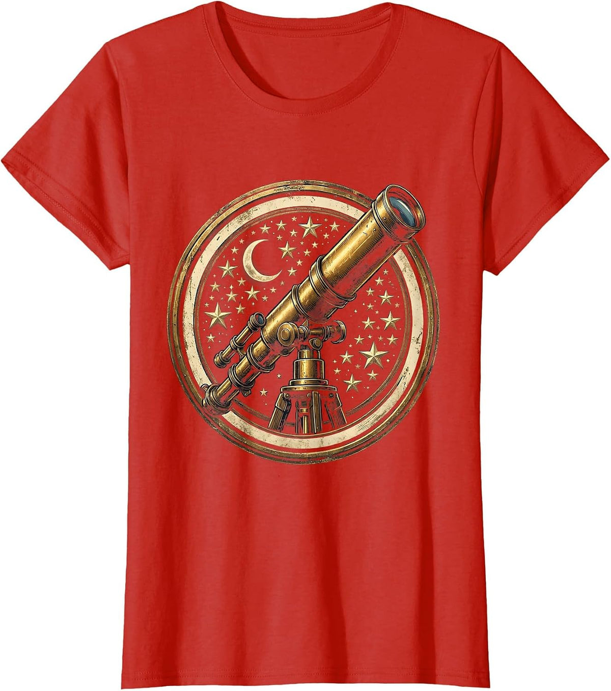 College Stargazing Telescope Night Sky Illustration T-Shirt - Red