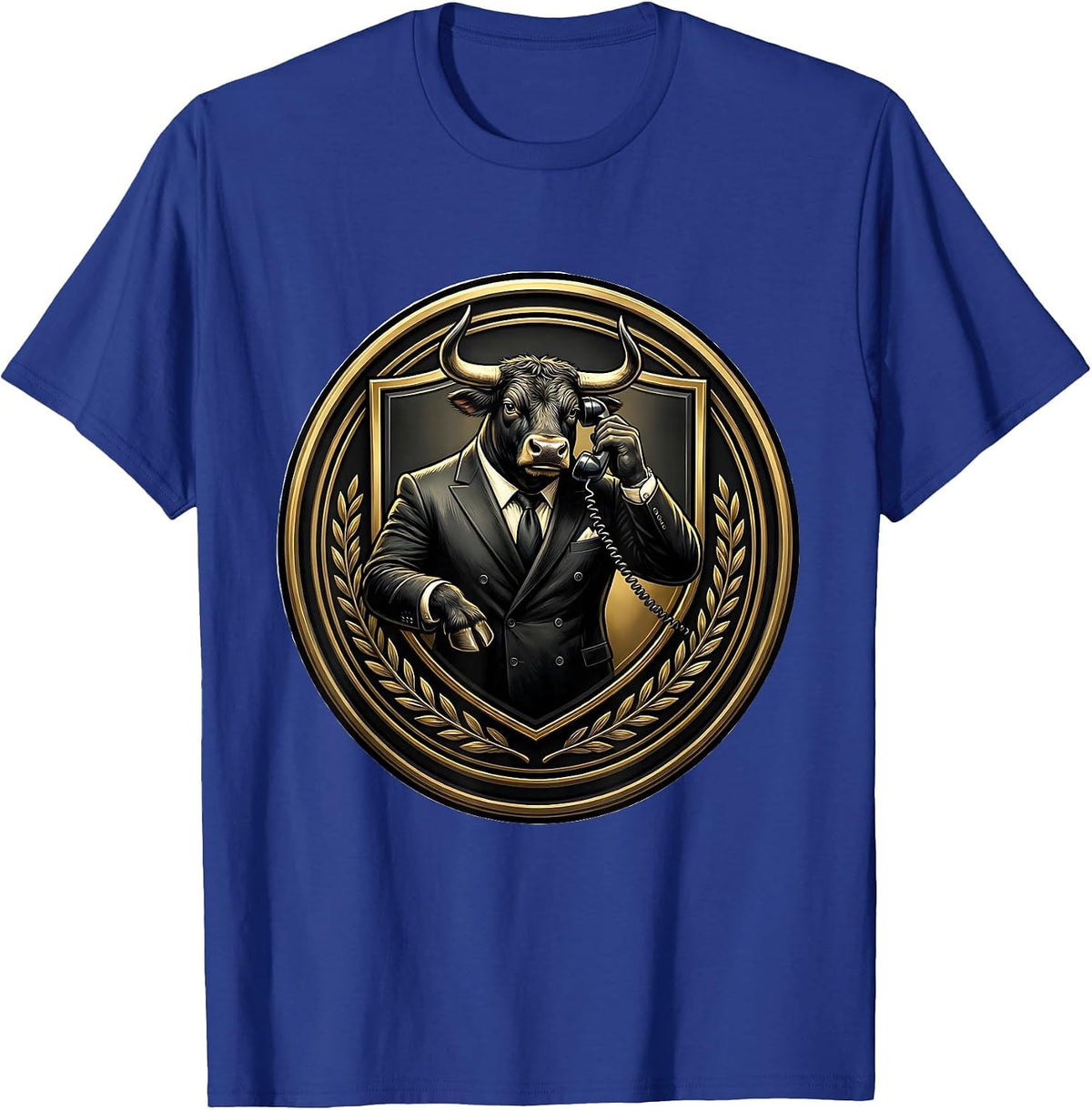 Bull in Business Suit Holding Phone Graphic T-Shirt - Royal Blue