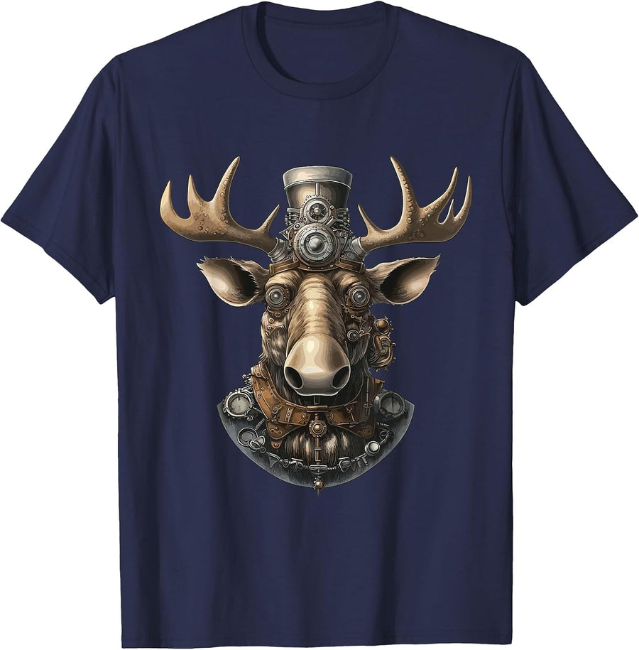 Mechanical Moose Victorian Steampunk Cyborg T-Shirt - Navy Blue