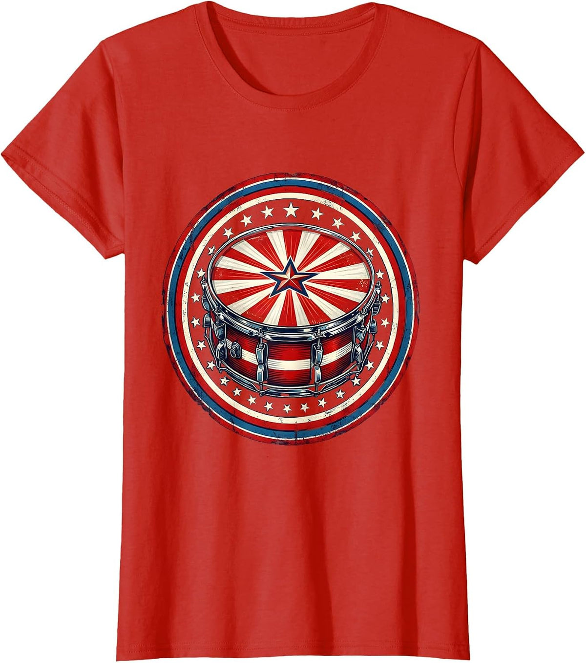 Women's Patriotic Drum Star-Burst Red White Blue Design T-Shirt - Red