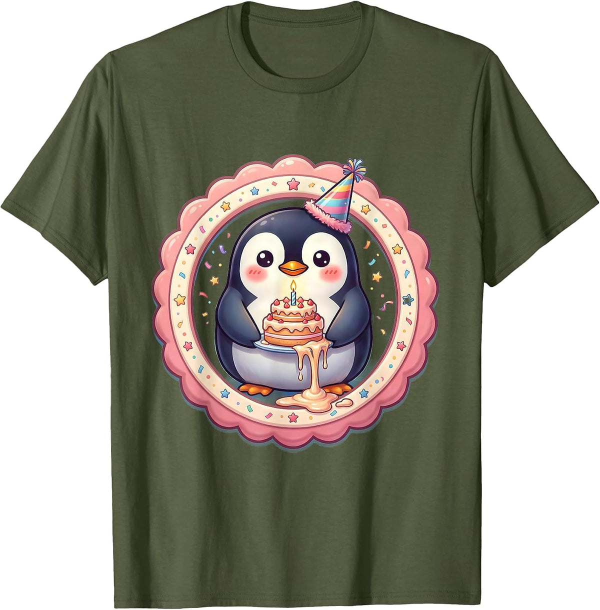 Men's Penguin Birthday Cake Celebration Graphic T-Shirt - Olive Green