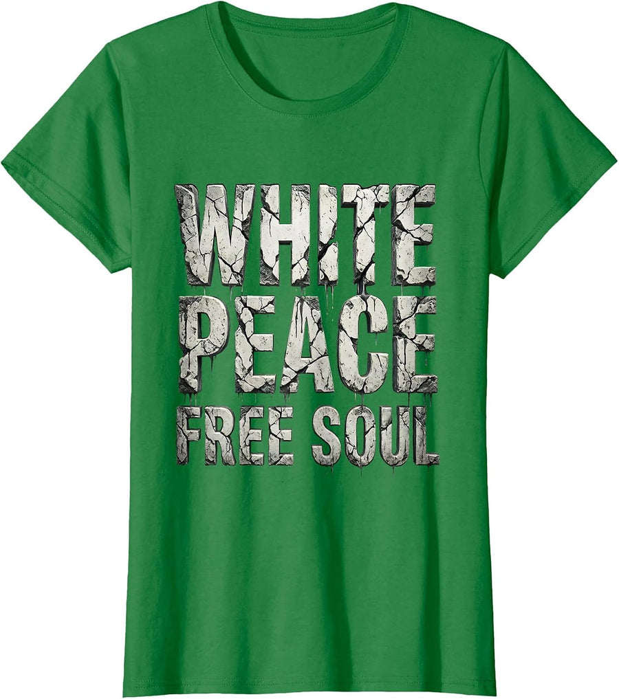 Women's White Peace Free Soul Freedom Design T-Shirt - Kelly Green