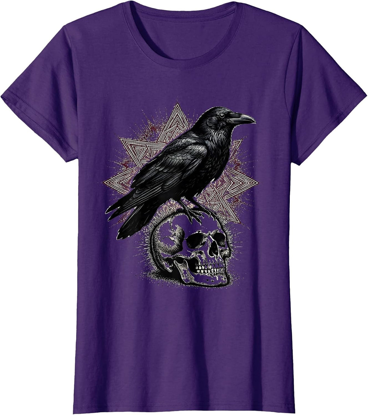 Women's Raven Perched on Mossy Skull Gothic Nature Art T-Shirt - Purple