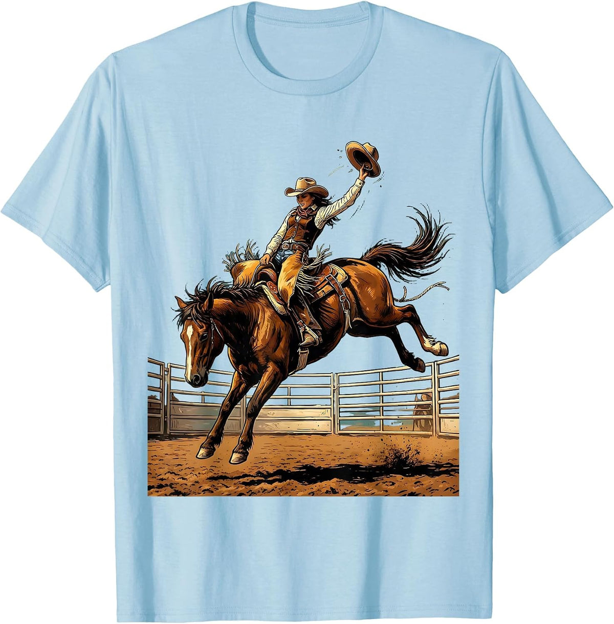 Men's Cowgirl on Bucking Bronco Rodeo Arena Graphic T-Shirt - Baby Blue