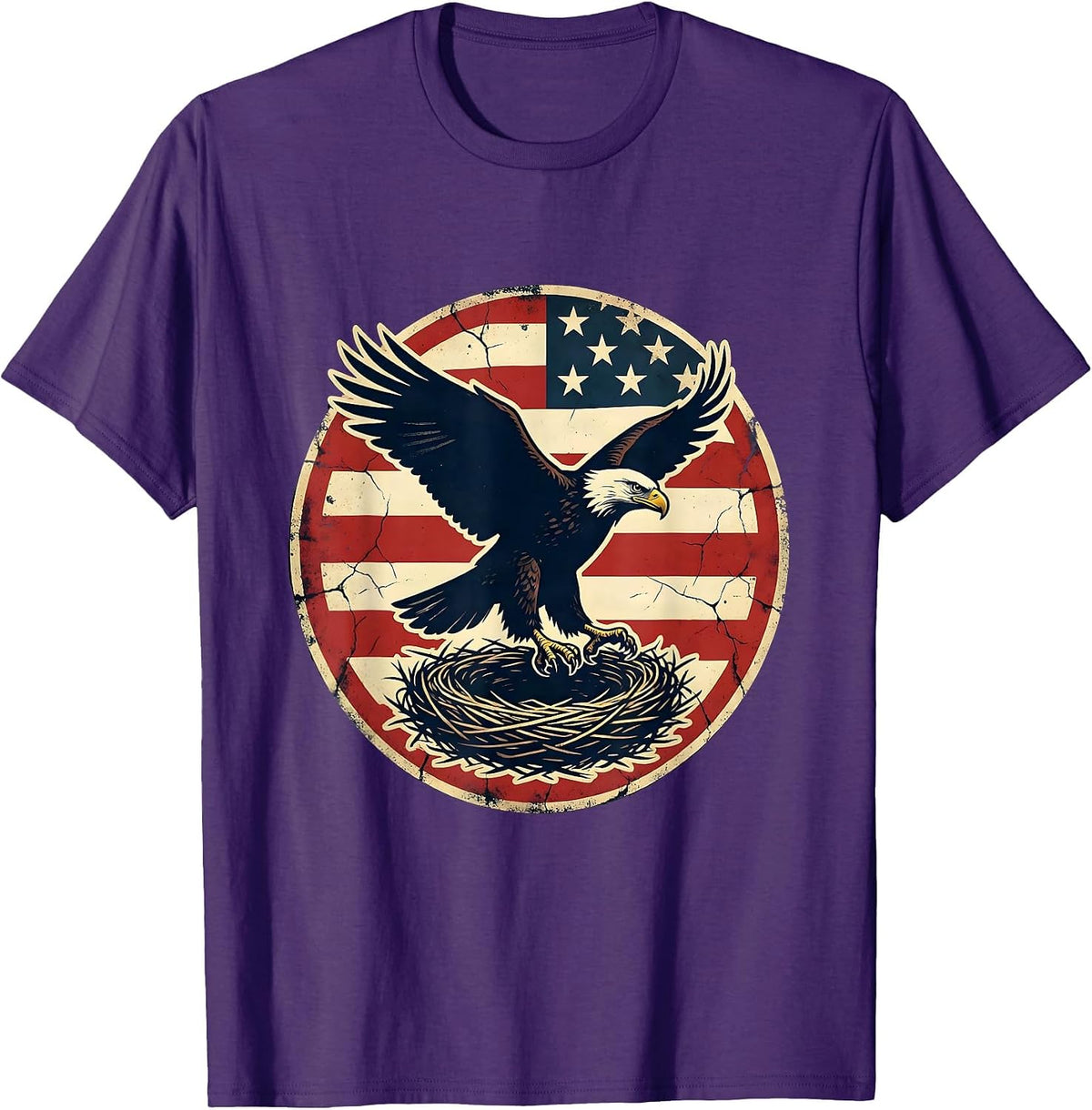 American Flag Draped Bald Eagle Nest Graphic T-Shirt - Purple
