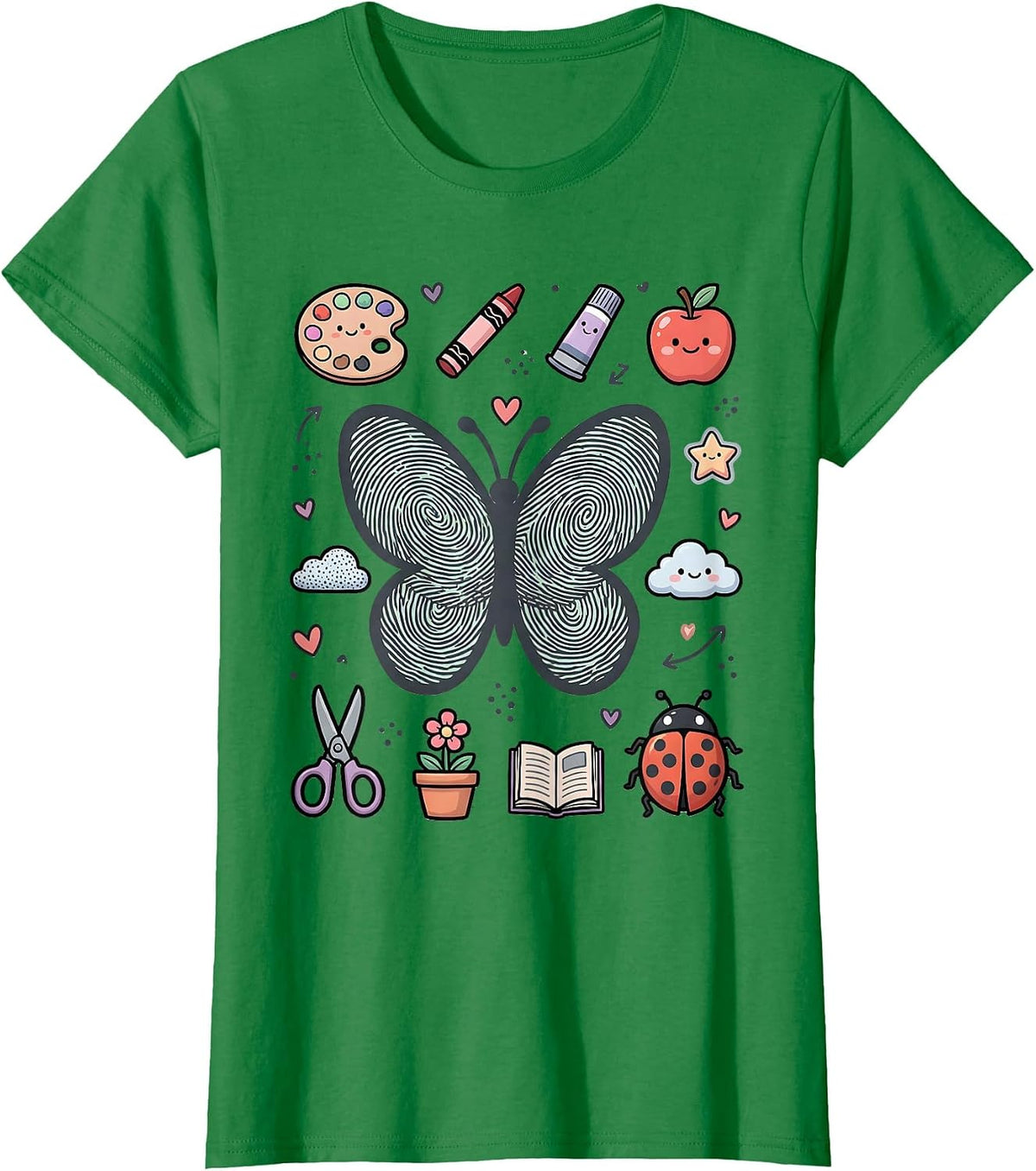 Fingerprint Butterfly Preschool Teacher Gift T-Shirt - Kelly Green