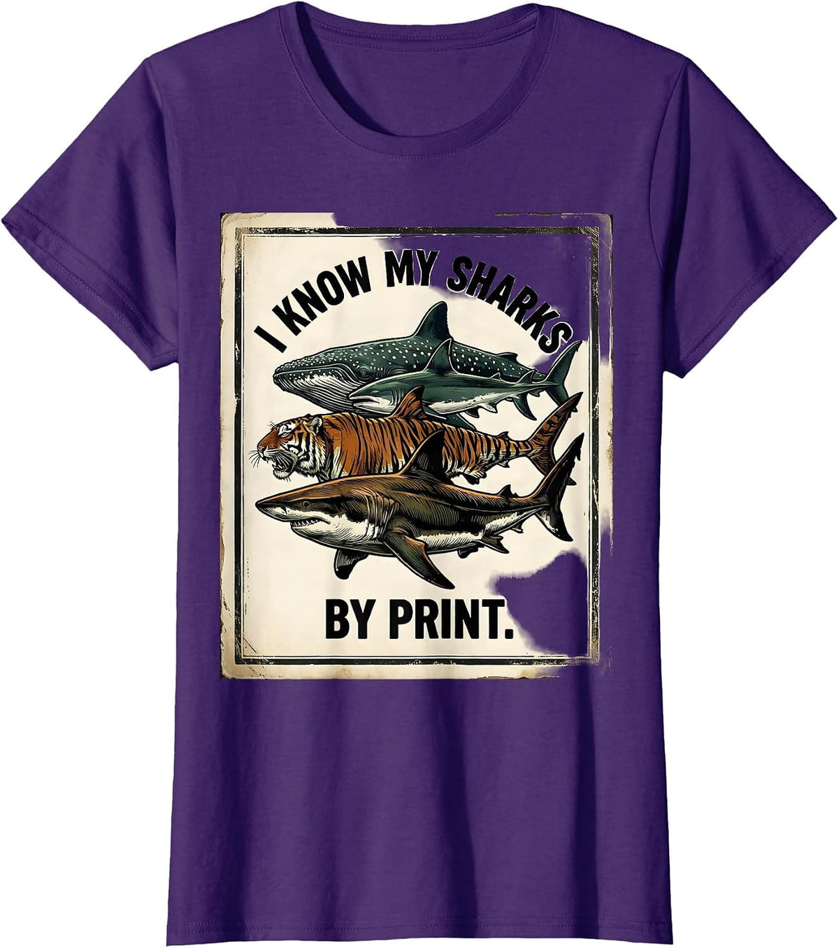 Women's I Know My Sharks By Print Vintage Shark Lover Ocean Wildlife T-Shirt - Purple