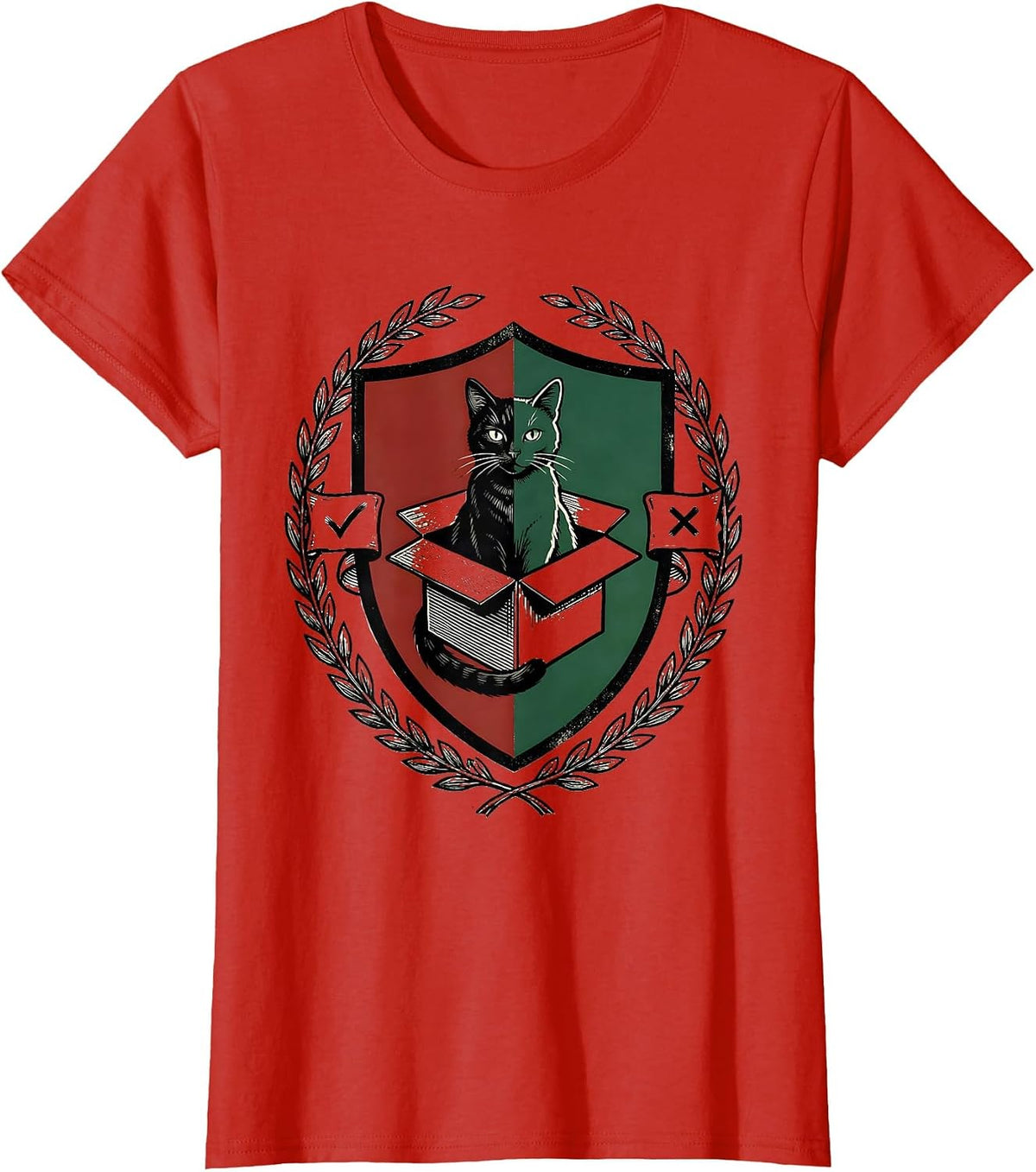 Schrödinger Cat Quantum Physics Humor Emblem T-Shirt - Red