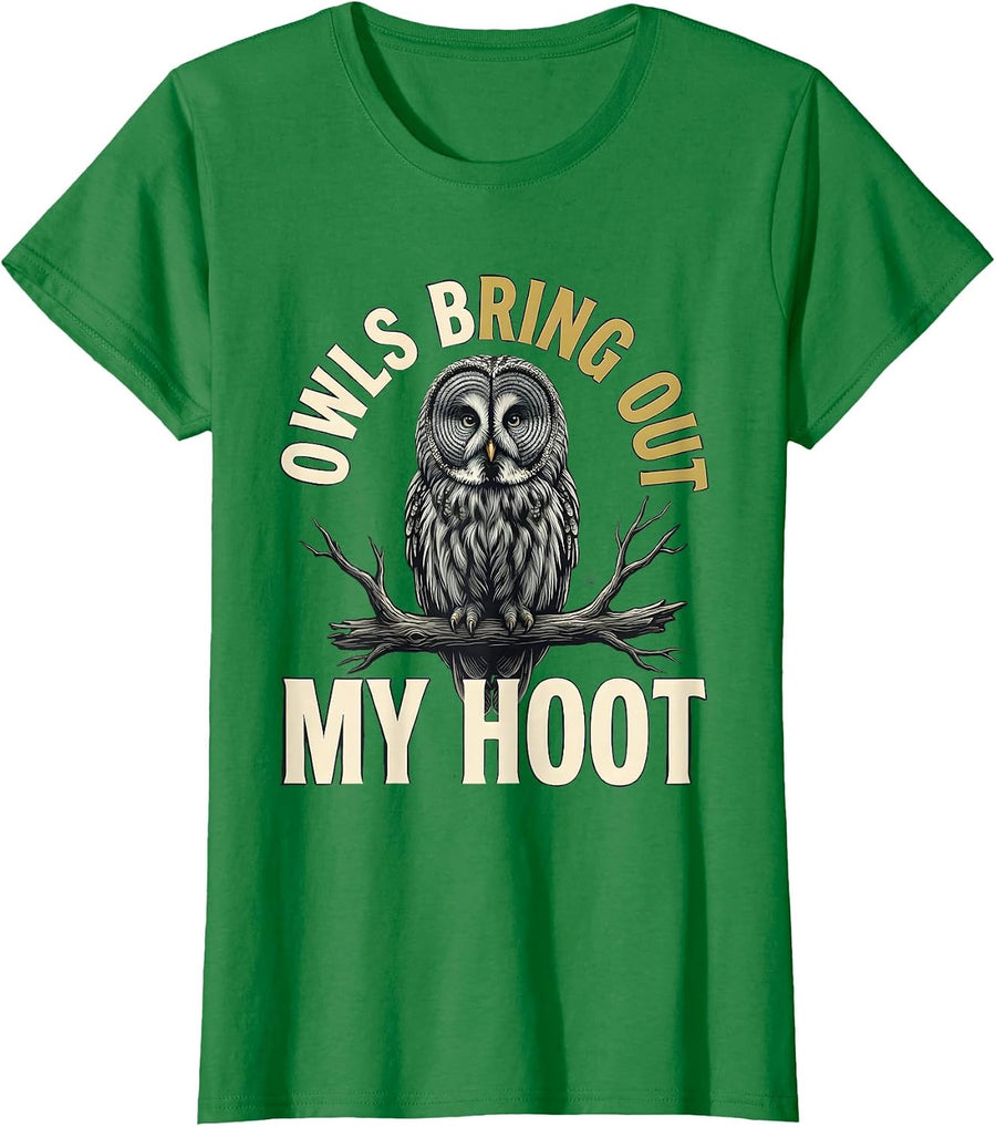 Women's Owls Bring Out My Hoot Funny Owl Lover Birdwatching Humor T-Shirt - Kelly Green