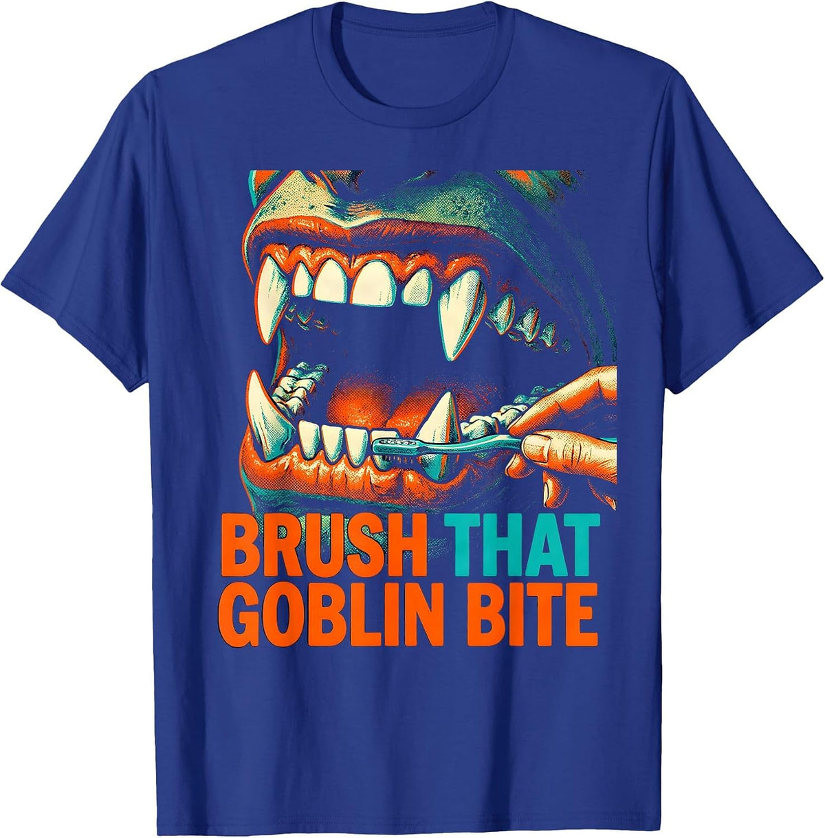 Brush That Goblin Bite Risograph Dental Hygienist Halloween T-Shirt - Royal Blue
