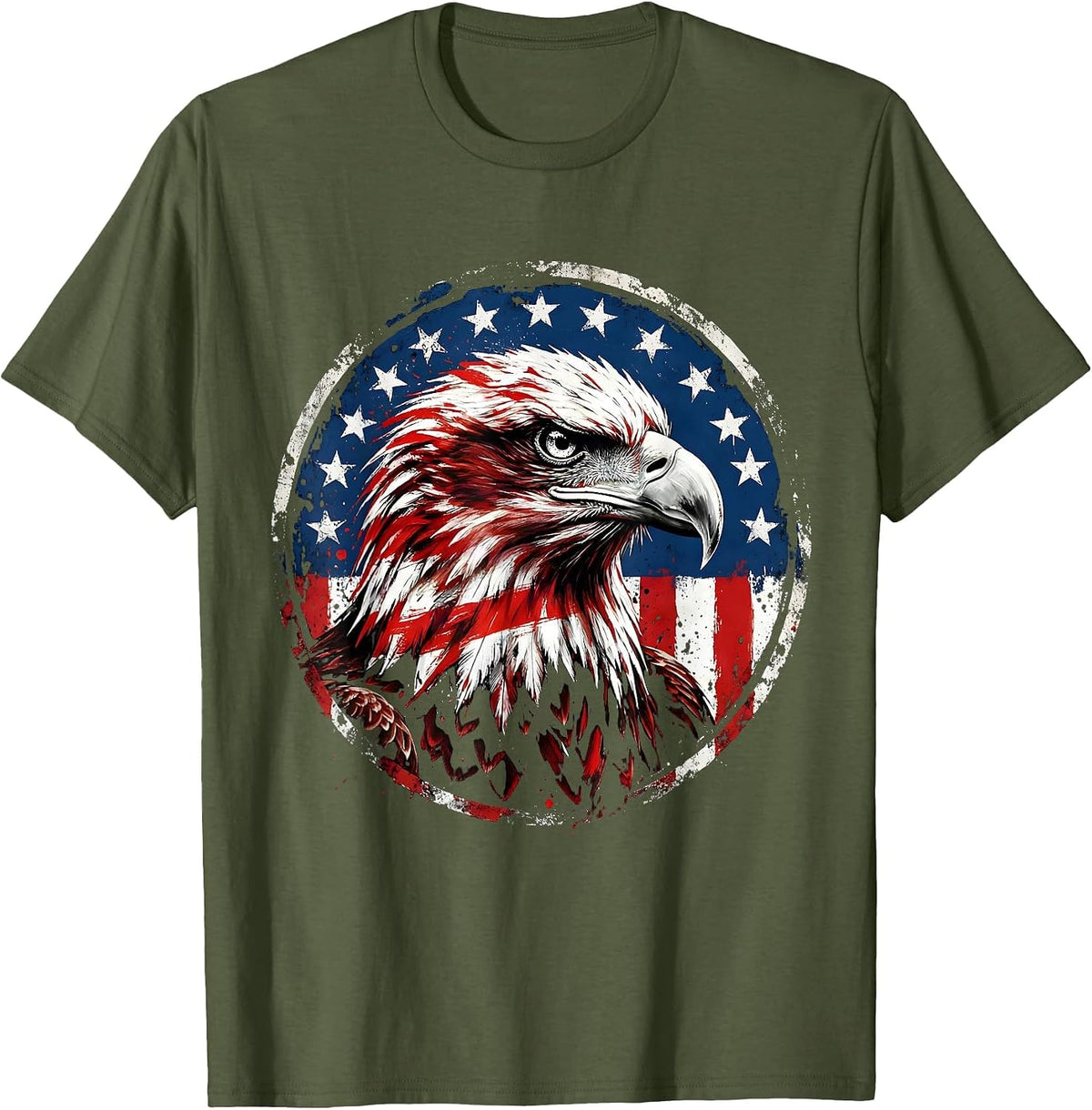 Men's Bald Eagle American Flag Stripes Patriotic Design T-Shirt - Olive Green
