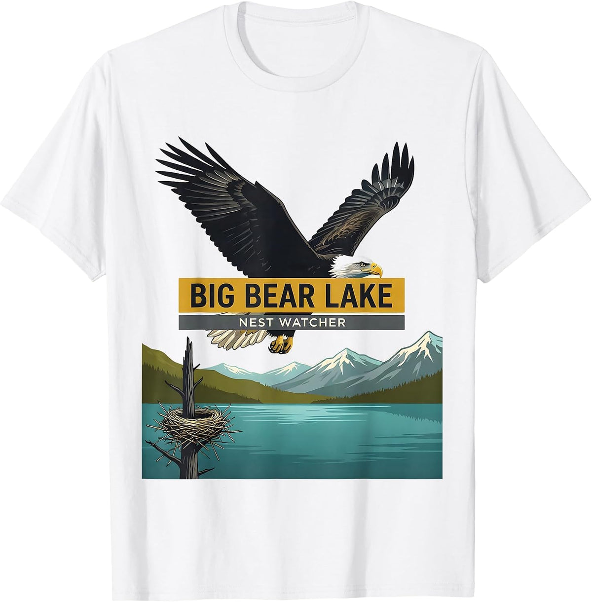 Men's Big Bear Lake Nest Watcher Midcentury Modern Bald Eagle T-Shirt - White