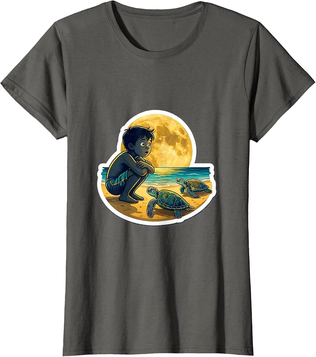 Women's Boys Hawaiian Sea Turtle Nesting Moonlit Beach T-Shirt - Asphalt Grey