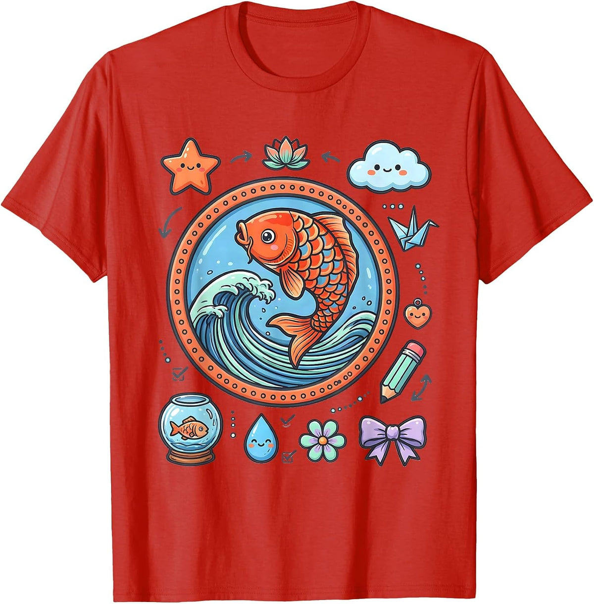 Men's Koi Fish Leaping Wave Anime Art Design T-Shirt - Red