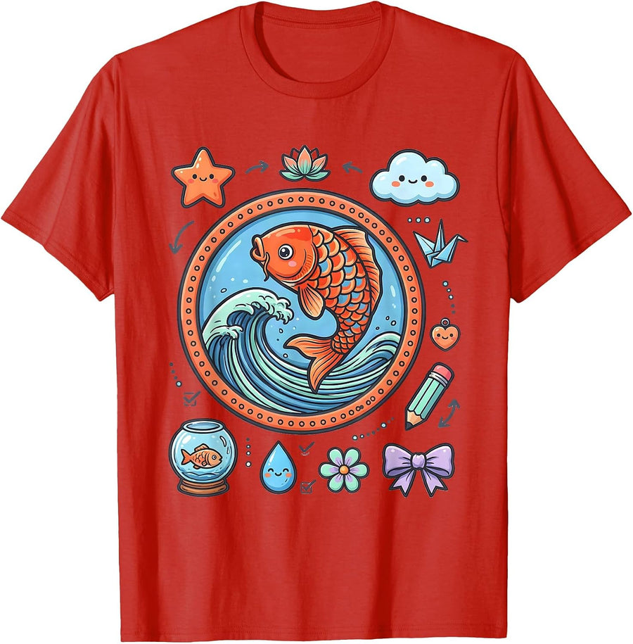 Men's Koi Fish Leaping Wave Anime Art Design T-Shirt - Red