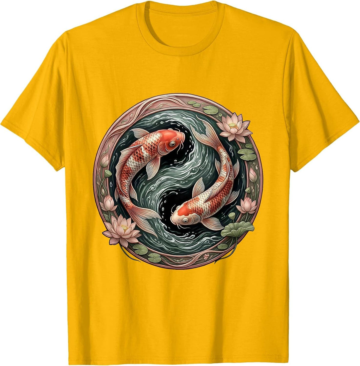 Koi Fish Swimming Upstream Illustration T-Shirt - Golden Yellow