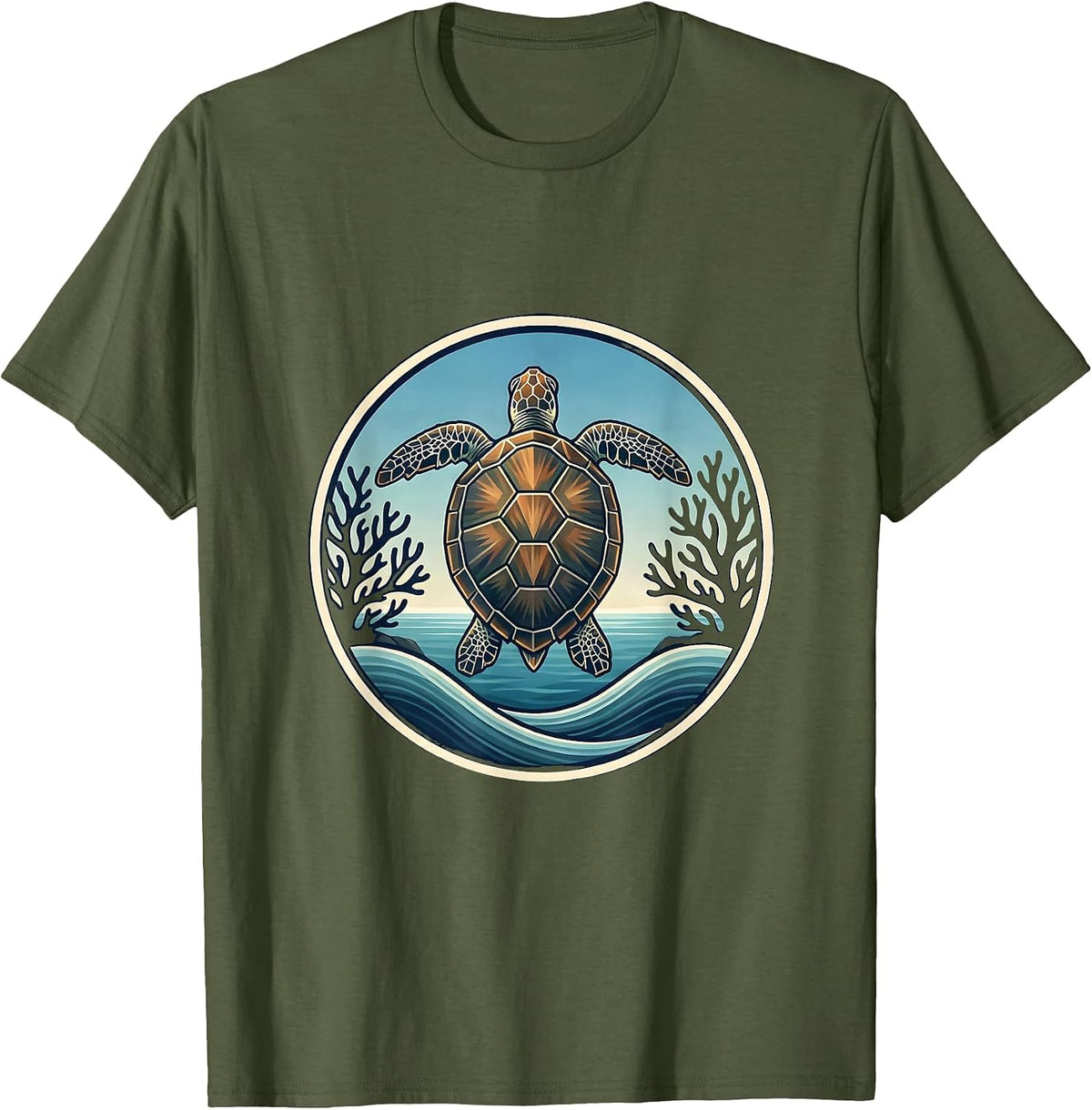 Sea Turtle Coral Reef Hawaiian Graphic Tee T-Shirt - Olive Green