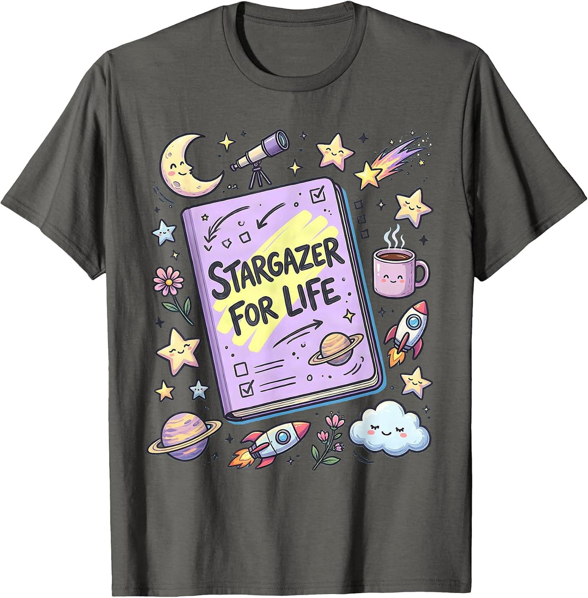 Men's Stargazer For Life Astronomy Night Sky Design T-Shirt - Asphalt Grey