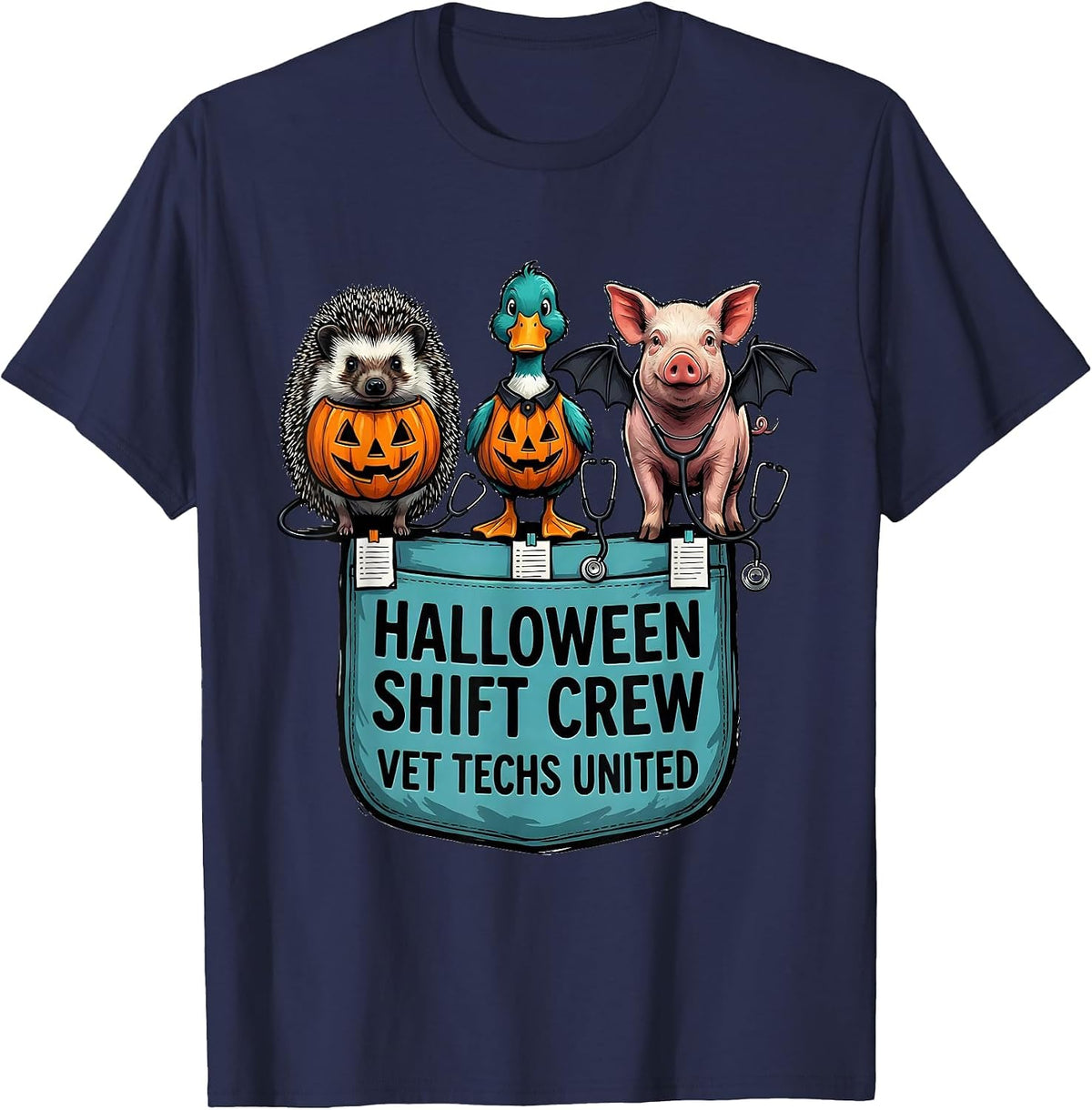 Men's Halloween Shift Crew Vet Techs United Whimsical Workplace T-Shirt - Navy Blue