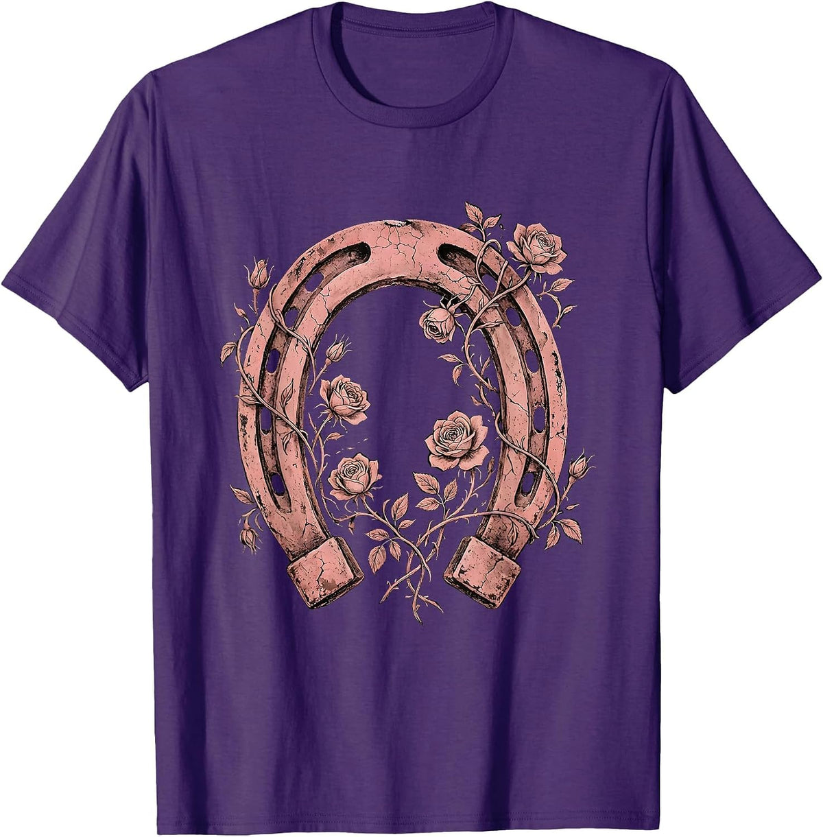 Pink Cowgirl Horseshoe Wild Roses Floral Design T-Shirt - Purple
