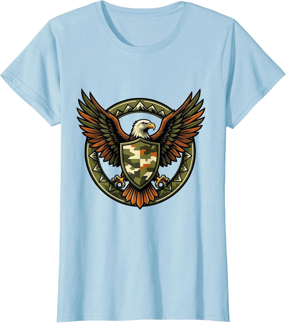 Eagle Clutching Camo Shield Patriotic Design T-Shirt - Baby Blue