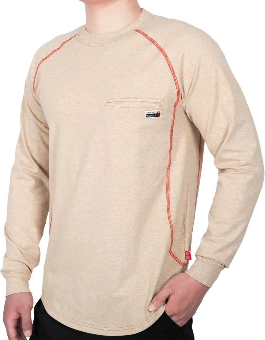 TICOMELA FR T-Shirt, Flame Resistant, Stretch Fit, Hidden Pocket, 6oz Crew Neck Work Shirt for Men 100% Cotton - Heather