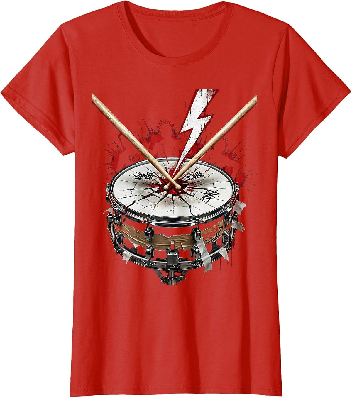 Crossed Drumsticks Cracked Snare Drum Band Graphic T-Shirt - Red