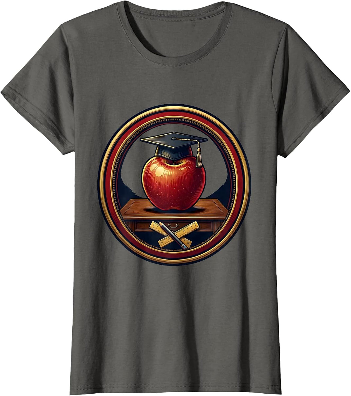 Women's Preschool Teacher Apple Graduation Cap Desk Art T-Shirt - Asphalt Grey